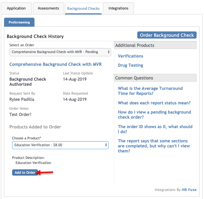 Adding products to existing orders ProScreening